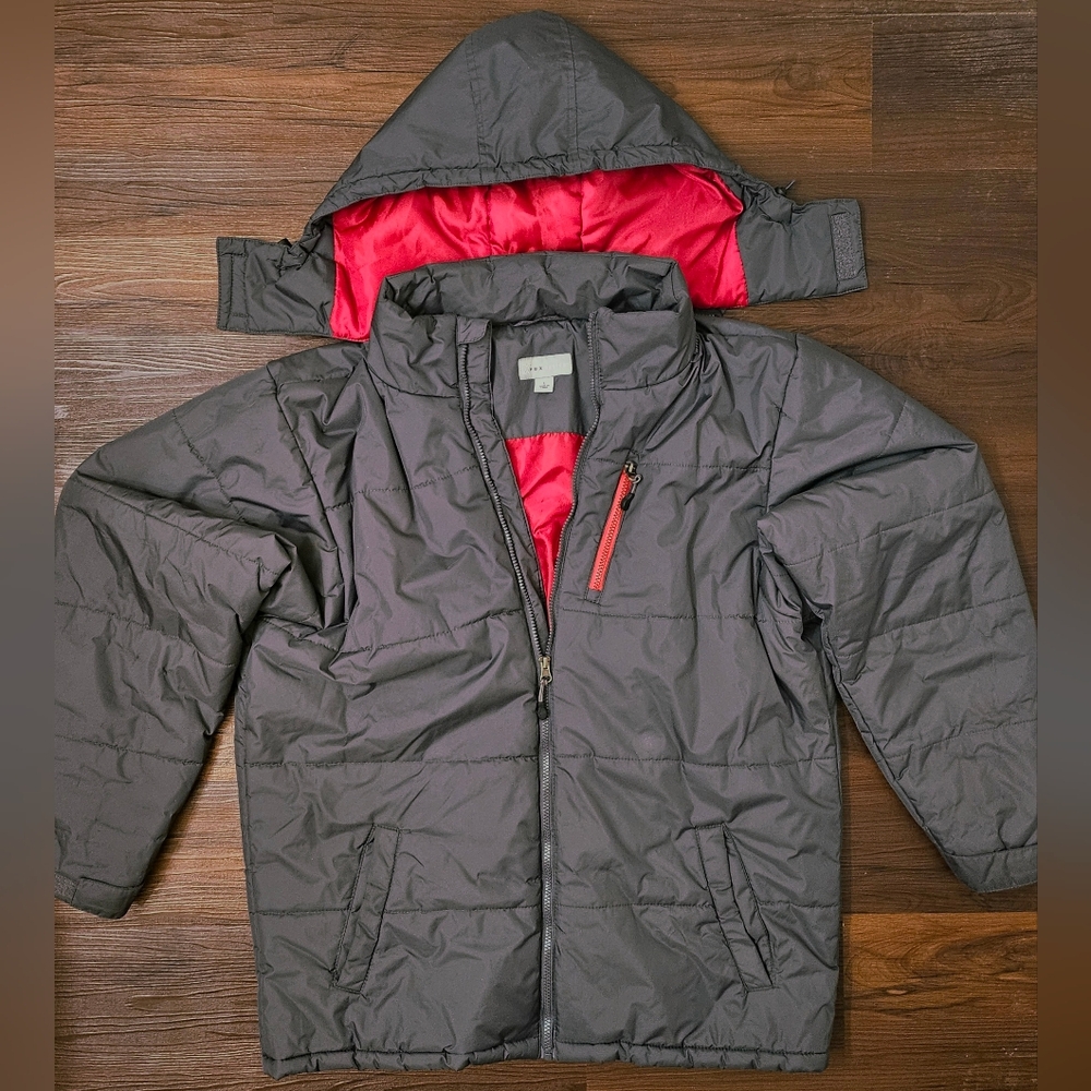 PBX Basics Mens Large Gray and Red Poly-Fiberfill Jacket with Detachable Hood